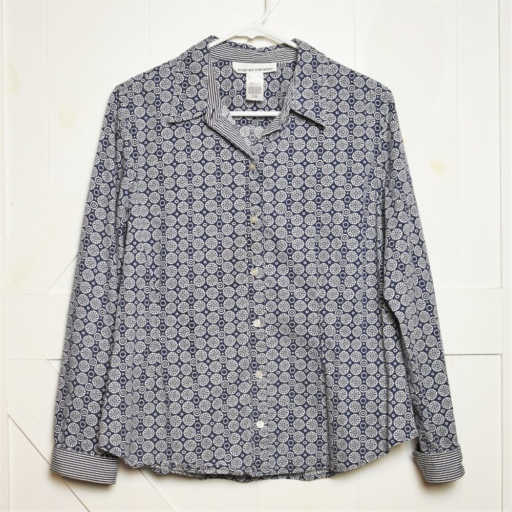 Jones New York Sport button up blouse top long sleeve collar blue floral size L